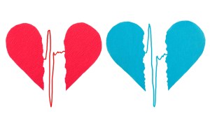 Broken red and blue hearts with ECG