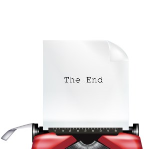 typewriter with paper and "the end" typed