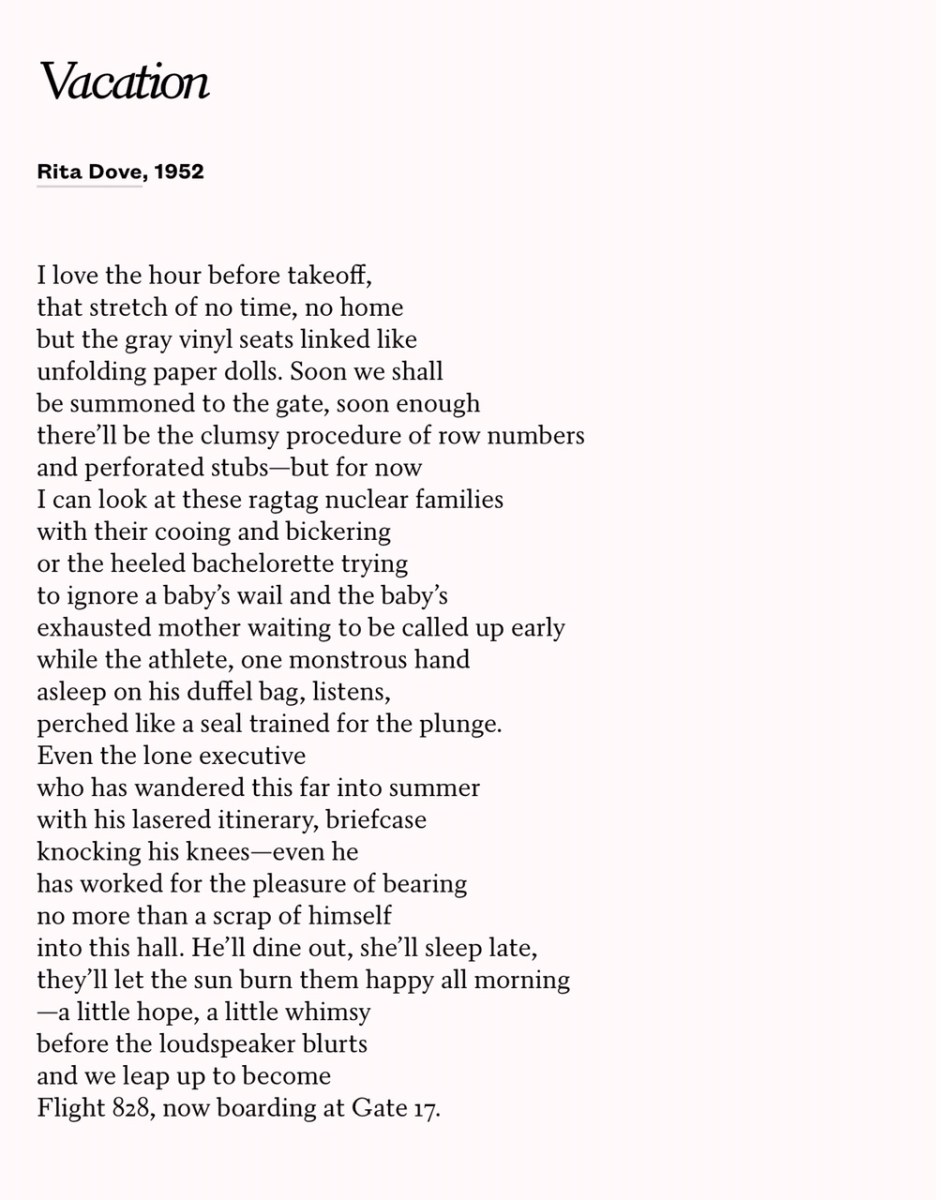 I love the hour before takeoff, / that stretch of no time, no home