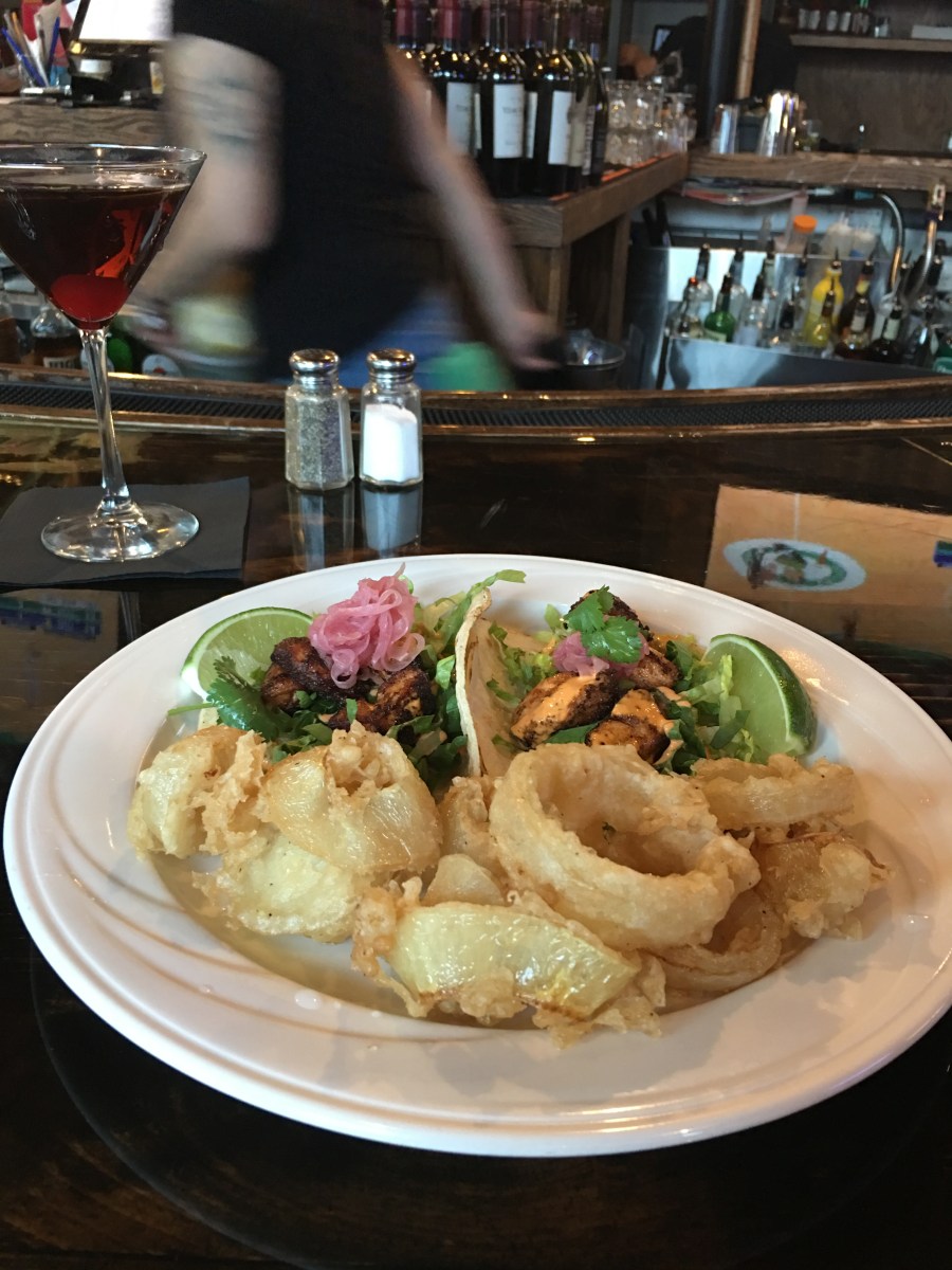 Fish tacos and onion rings at Hamilton's in Brookline