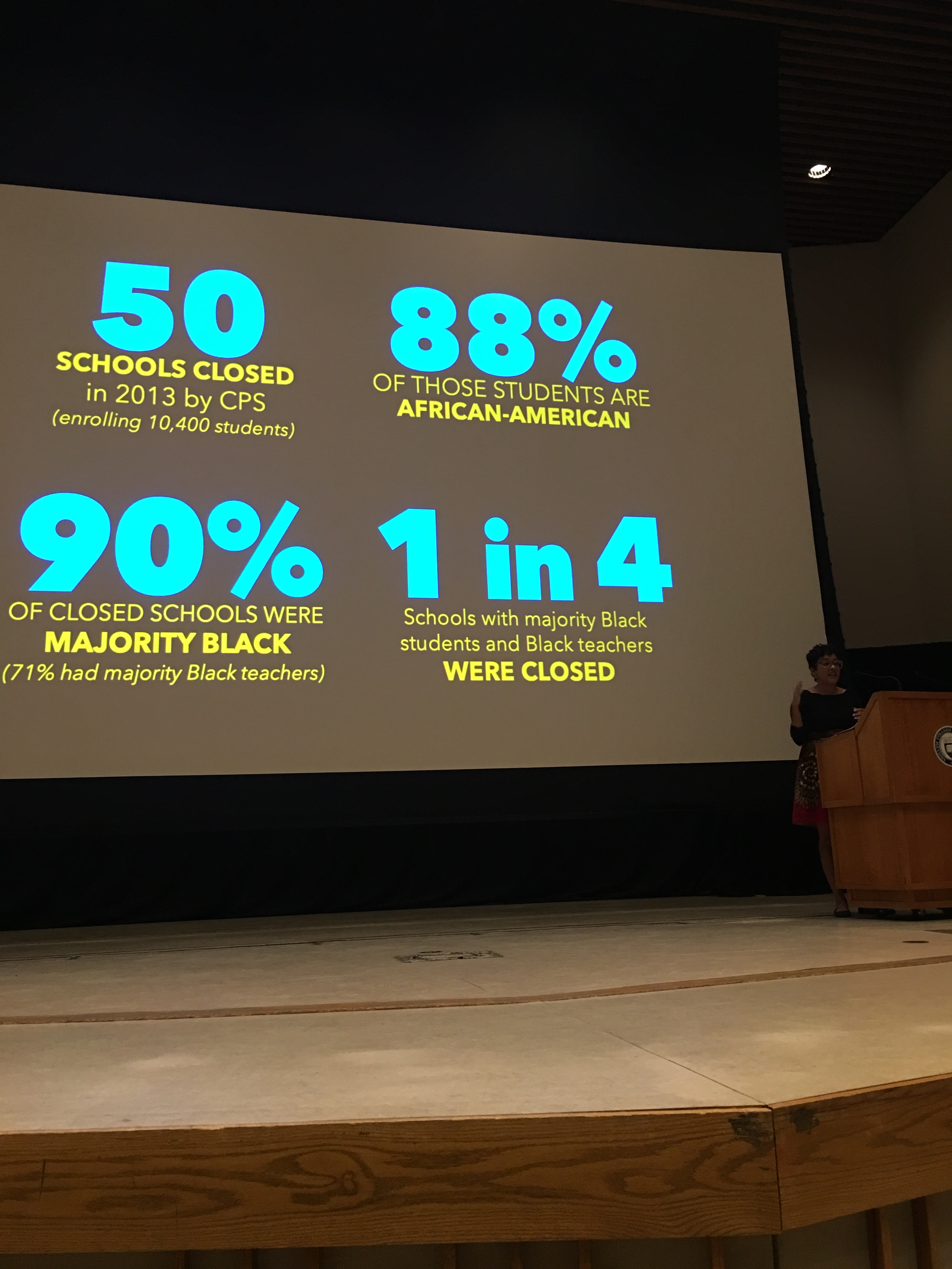 Slide from Eve Ewing lecture-50% schools closed by Chicago Public School; 90% of close schools were majority Black; 88% of students are African American; 1 in 4 schools with majority Black students and Black teachers were closed