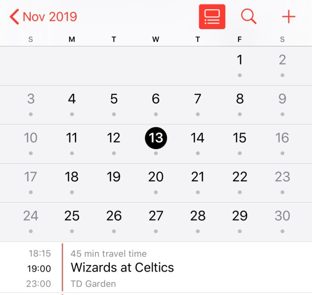 November 2019 calendar on Nov 13th - Wizards at Celtics
