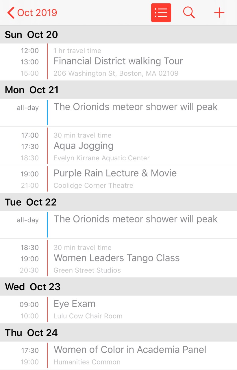 Calendar events Sun Oct 20 Financial District Walking Tour; Mon Oct 21 Aqua Jogging, Purple Rain Lecture & Movie; Tue Oct 22 Women Leaders Tango Class; Wed Oct 23 Eye Exam; Thu Oct 24 Women of Color in Academic Panel